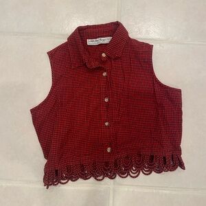 Vintage 90s Red Gingham Prairie Vest Top • Ruffle Hem • Cottagecore/Coquette • M